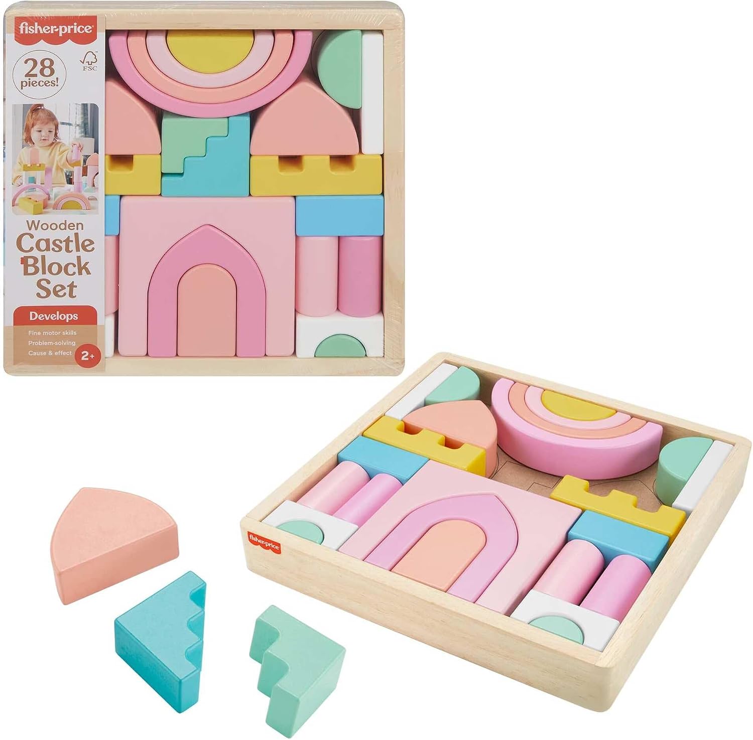Fisher-Price Wood Toddler Toy Castle Block Set - 20 Building Toys for Kids Who Spend Hours Constructing Epic Creations