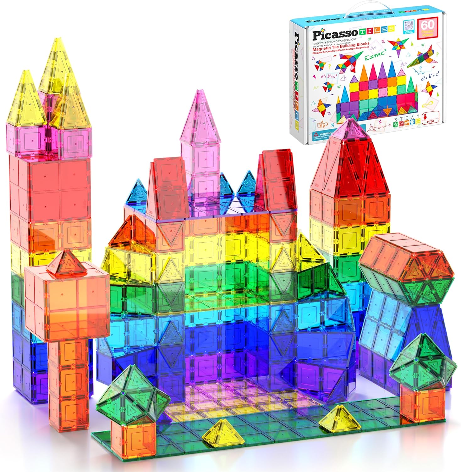 PicassoTiles 60-Piece Magnetic Building Tiles Set - 20 Building Toys for Kids Who Spend Hours Constructing Epic Creations