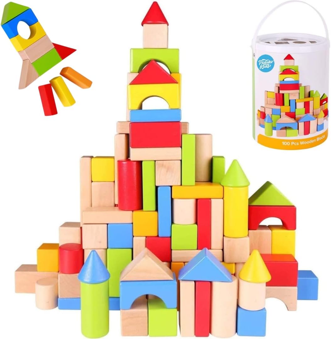 Pidoko Kids Wooden Building Blocks for Toddlers - 20 Building Toys for Kids Who Spend Hours Constructing Epic Creations