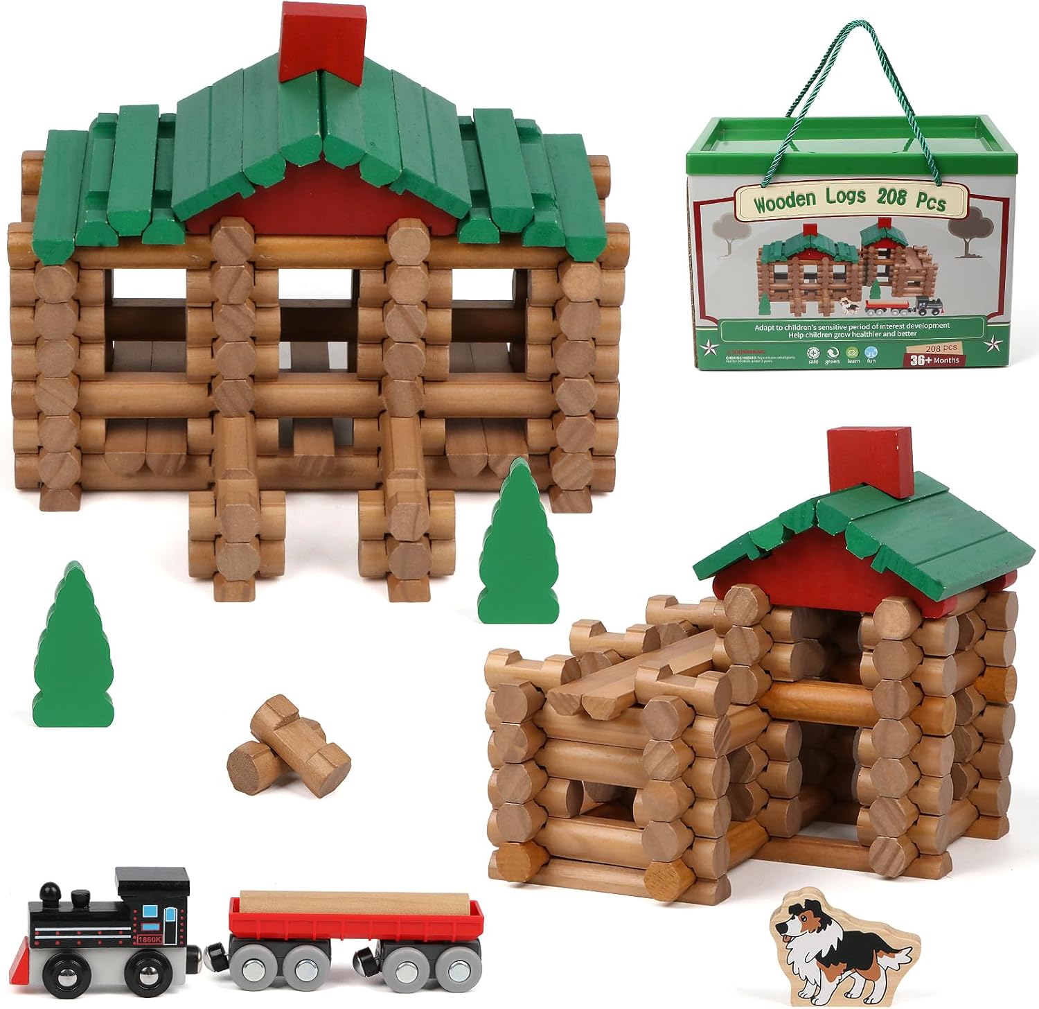 Wondertoys 208 Pcs Wooden Log Set - 20 Building Toys for Kids Who Spend Hours Constructing Epic Creations