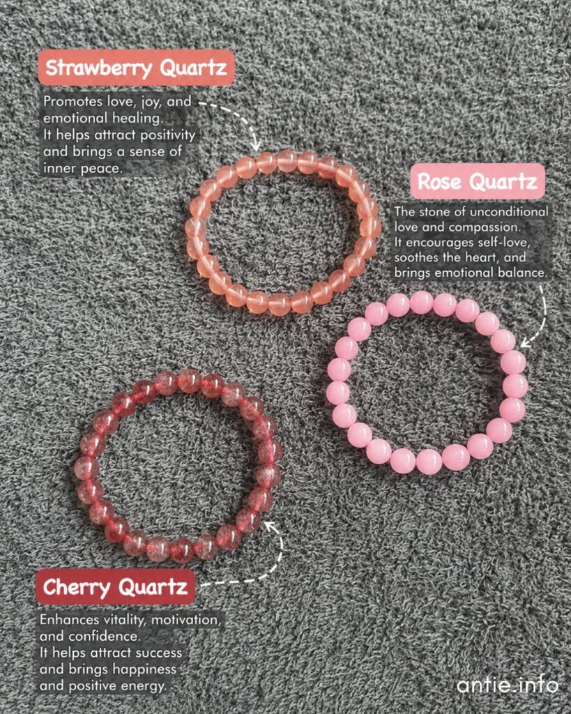 gelang batu strawberry quartz, rose quartz, cherry quartz